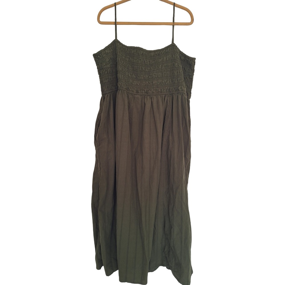 Madewell Olive Green Smocked Cotton Midi Dress Plus Size 4X Spaghetti Strap